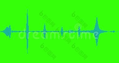 蓝色数字均衡器音频<strong>频谱</strong>声波在色度键绿色屏幕背景，立体声效果信号